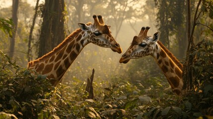 Obraz premium Two Giraffes Interacting in a Lush, Misty Forest Habitat During Golden Hour, Capturing the Beauty of Nature and Wildlife in Harmony