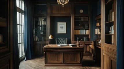 Luxurious dark wood home office with built-in bookshelves, desk, and large window.