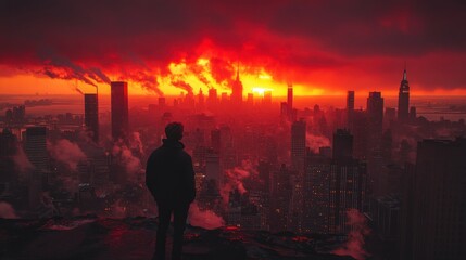 Fototapeta premium A silhouette of a person against a fiery sunset over a city skyline, evoking awe and reflection.