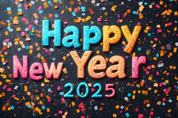 Happy New Year 2025 typography text effect greeting card, poster background template