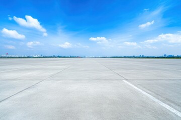 Expansive Concrete Runway Under Bright Blue Sky with Fluffy White Clouds
