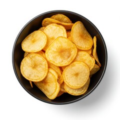 A bowl of crispy potato chips, isolated on a white background


