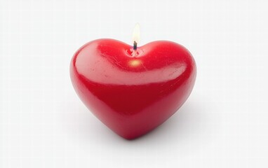 A single red heart-shaped candle glowing brightly, isolated on a clean white background