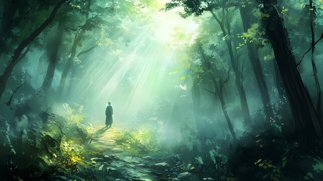 A person walking through a forest trail covered in mist with light shining through representing the unknown future ahead