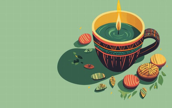 A unity cup (Kikombe cha Umoja) filled with water, surrounded by Kwanzaa symbols, on a soft green background