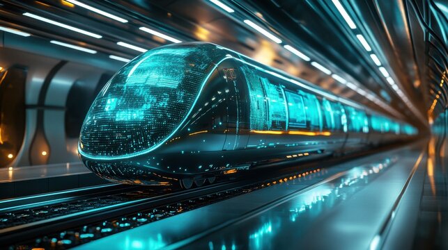 Futuristic holographic maglev train in modern station with glowing neon lights