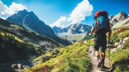 Fototapeta premium An adventurous hiking trail winding through majestic mountains, Hiking gear neatly prepared, Outdoor exploration style