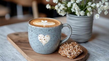 A cozy coffee setting with a heart-patterned latte and delicate flowers creates a warm, inviting atmosphere on a rustic table.