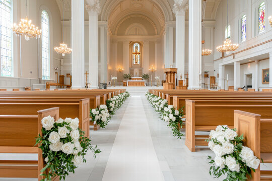 beautiful church interior with wooden pews, white roses, and dramatic lighting. serene atmosphere is perfect for wedding or ceremony