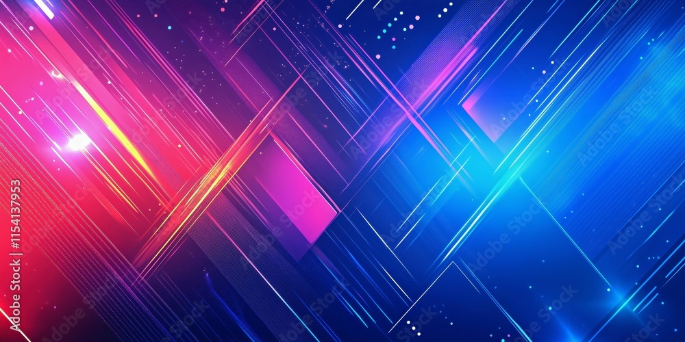 Wall mural dynamic composition of intersecting blue and pink lines with geometric shapes and glowing particles