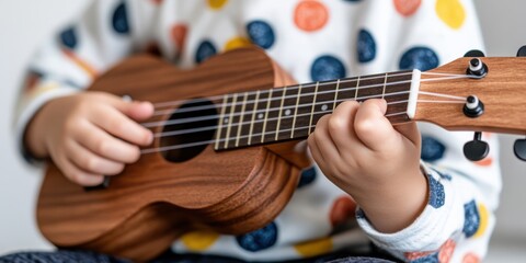Fototapeta premium Young child strums a ukulele with focus, wearing a colorful polka-dot sweater, capturing a moment of musical exploration and youthful creativity.