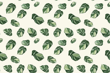 Fototapeta premium Vibrant seamless pattern of green monstera leaves on a light cream background, capturing a tropical and lively botanical theme with modern vibes.
