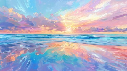 Pastel sunset over calm ocean reflecting sky.