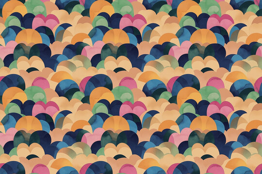 A colorful seamless pattern of overlapping scalloped shapes in vibrant hues. This dynamic design adds a playful and lively touch to any creative project.