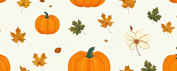 Fototapeta premium Vibrant autumn pattern featuring pumpkins, leaves, and flowers on a light background