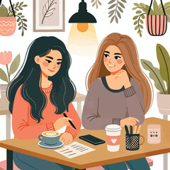 Flat young girl friends in cafe on meeting vector image vector on a white background