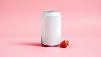Mockup of white soda can with strawberry isolated on pink background 
