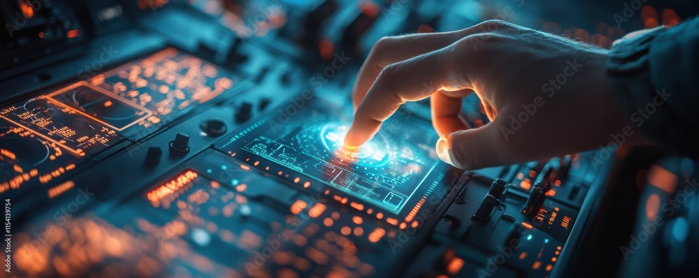 Poster close-up of hand interacting with futuristic data interface in high-tech environment