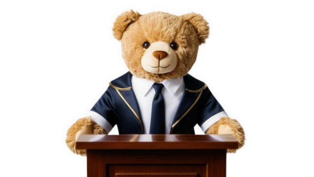 Teddy bear giving a speech at a classroom event education setting inspirational concept