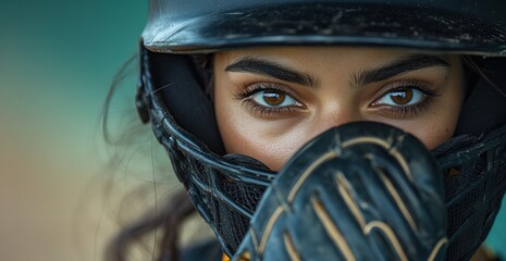 Close-up portrait of a female baseball player focusing through her sports helmet