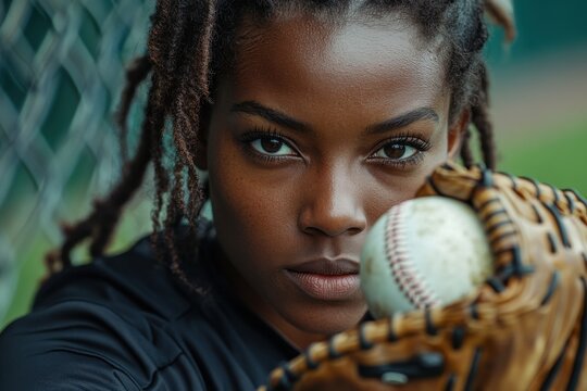 Focused female athlete holding a baseball glove during outdoor practice