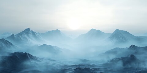 Fototapeta premium A misty blue mountain range under a pale morning light.