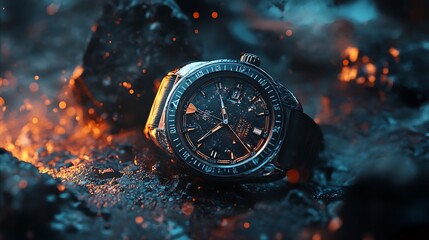 Luxury wristwatch amidst fiery embers and rocks.