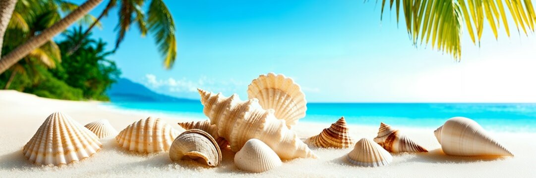 Landscape with seashells on tropical beach - summer holiday