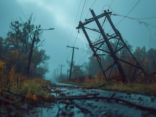 Toppled overhead downed power lines. electricity pylon high-voltage power lines were damaged by the storm, wind storm