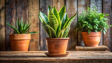 Fototapeta premium Snake Plant in Terracotta Pot on Rustic Wooden Table A Charming Farmhouse Vibe with Natural Light and Greenery