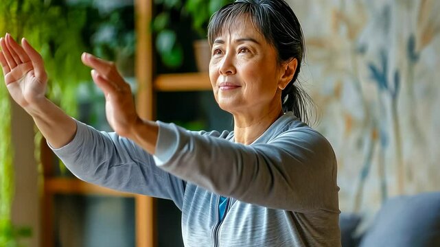 A calm Asian woman practices Tai Chi indoors, embodying tranquility and focus. Dressed in a light gray outfit, she moves gracefully in soft morning light, surrounded by greenery, reflecting inner