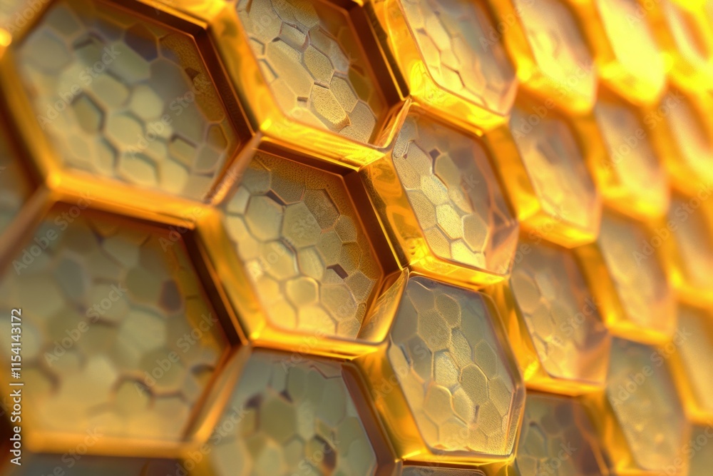 Poster golden honeycomb structure reflecting light, creating a visually appealing texture