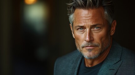 Obraz premium Fit middle-aged man with salt-and-pepper hair poses confidently in sleek blazer