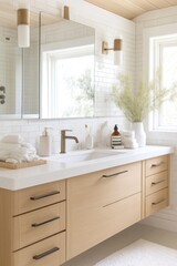Modern minimalist bathroom vanity with white countertop and oak cabinets