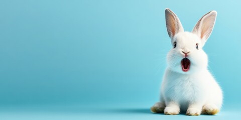 Obraz premium A cute white rabbit joyfully sits against a soft blue backdrop, embodying the spirit of Easter with its wide eyes and playful expression, symbolizing new beginnings and springtime joy.