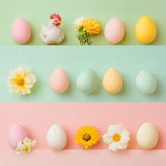 Easter combination of colorful eggs spring flowers and chicken in three row on pastel pink and green background.