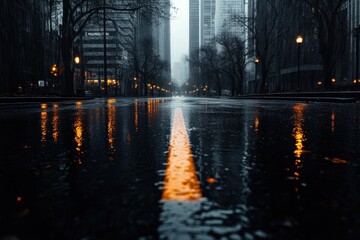 cityscape at dusk, a dark city street with gleaming black pavement and tall buildings vanishing into a stormy sky on the horizon