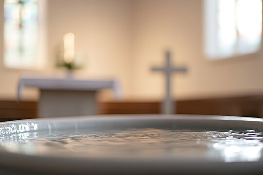 Baptismal font with rippling water, softly illuminated backgroun
