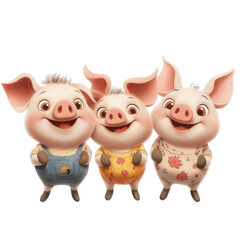 Fototapeta premium Illustration of three cute cartoon pigs in a row isolated for playful art.