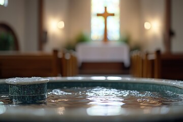 Baptismal font elegantly reflects light, creating serene atmosph
