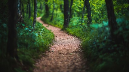 Fototapeta premium Winding path through lush forest invites exploration, surrounded