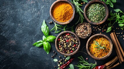 Assorted spices and herbs in rustic wooden bowls