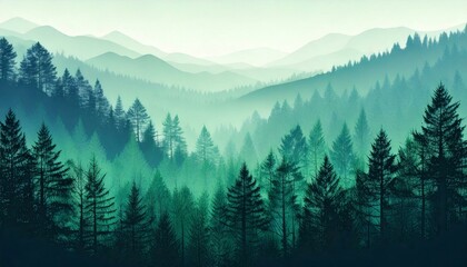 Fototapeta premium Teal monochrome pine and mountain landscape