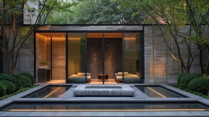 Serene courtyard with minimalist design, stone walls, water features, and ambient lighting.