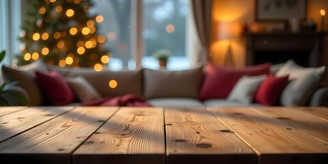 Christmas Tabletop Mockup with Blurred Lights and Snow Background, Warm Living Room Christmas Background with Empty Tabletop for Product Display, 