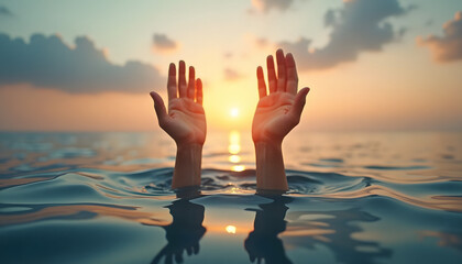 Hands reaching out of the water towards the sunset horizon