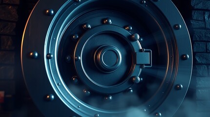 A 3D-rendered photorealistic image showcases a large and heavy bank vault door, symbolizing security for money and valuables.	
