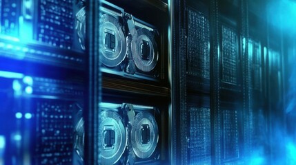 A series of futuristic server racks, illuminated by blue lights, showcasing advanced technology and data processing capabilities in a digital environment.