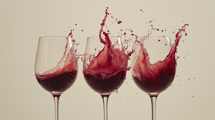 Drei Weingläser mit spritzendem Rotwein in künstlerischer Anordnung

