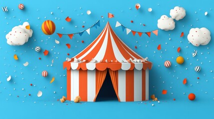 Circus tent, balloons, confetti, clouds.